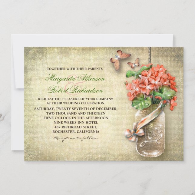 mason jar & coral flowers rustic wedding invites (Front)