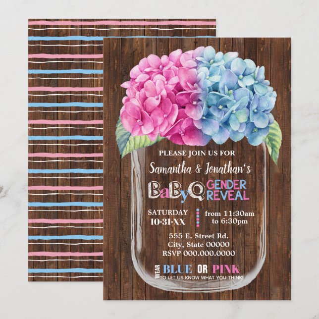 Mason jar country chic gender reveal pink or blue invitation (Front/Back)