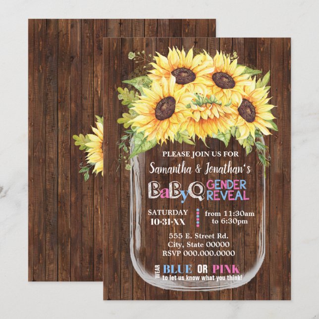 Mason jar country chic gender reveal sunflowers invitation (Front/Back)