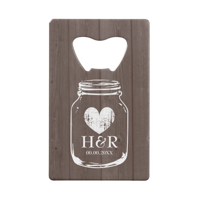 Mason jar credit card bottle opener wedding favour (Front)