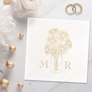Mason Jar Daisies Monogram Initials Wedding Foil Napkins