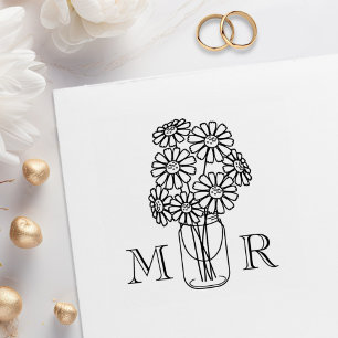 Mason Jar Daisy Flowers Wedding Monogram Initials Rubber Stamp