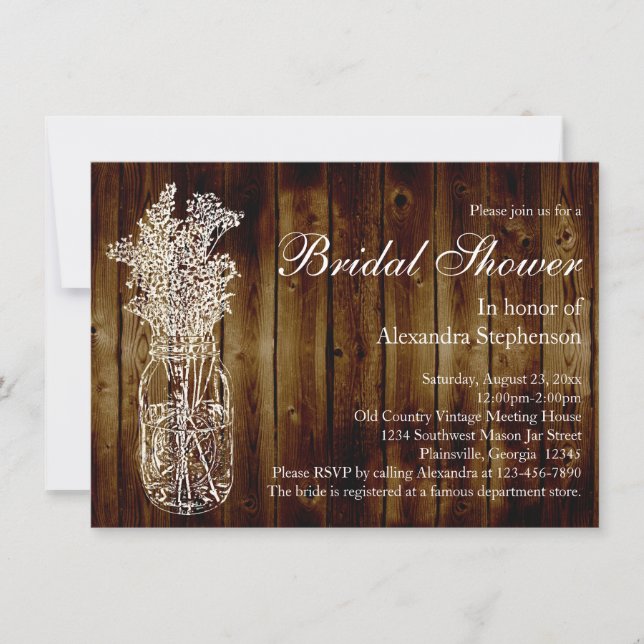 Mason Jar Dark Wood-Look Bridal Shower Invitation (Front)