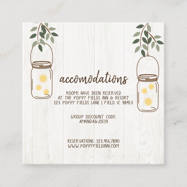 Mason Jar & Fireflies Rustic Wedding Accommodation Enclosure Card (Front)
