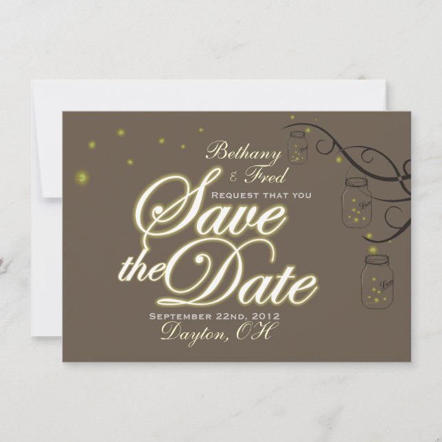 Mason Jar Firefly Lightning Bug Save The Date (Front)