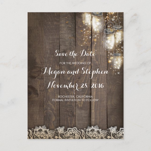 Mason Jar Firefly Lights Save the Date Announcement Postcard (Front)