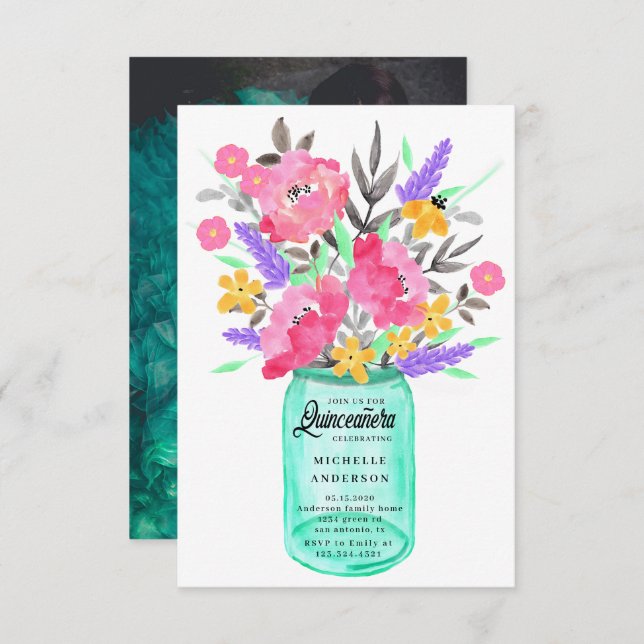 Mason Jar Floral Bouquet Quinceanera Photo Card (Front/Back)