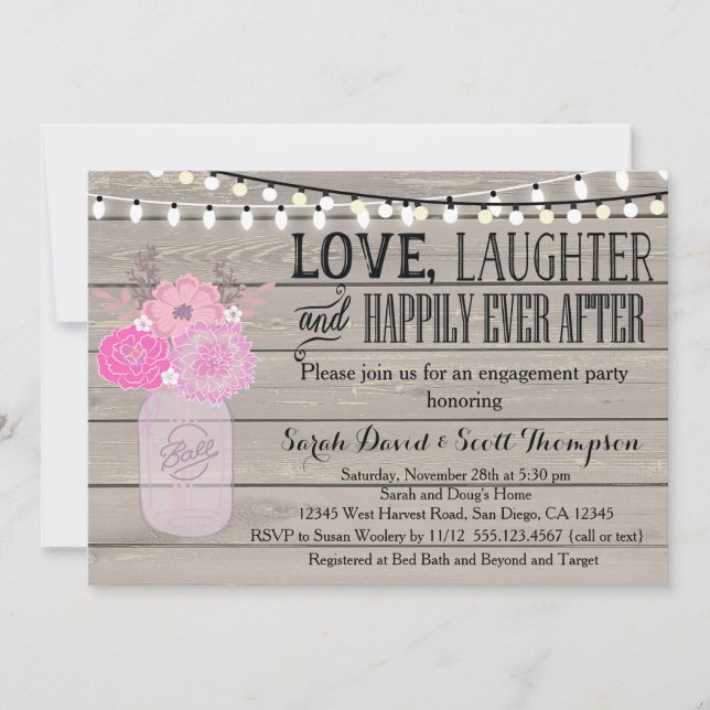 Mason Jar Floral Pink Engagment Part Invitation (Front)
