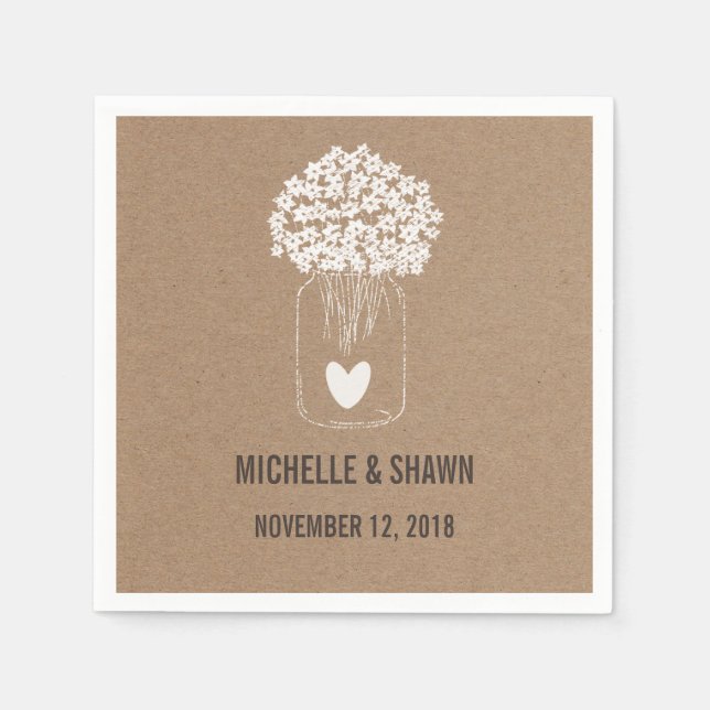 Mason Jar Flowers Cute Heart Country Wedding Napkin (Front)
