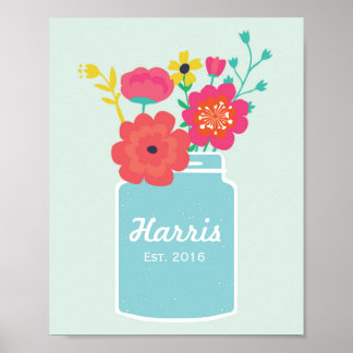 Mason Jar Flowers Family Established Poster