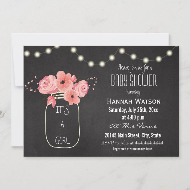 Mason Jar Flowers Lights Chalkboard Baby Shower Invitation (Front)