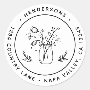 Mason Jar Flowers Round Return Address Classic Round Sticker