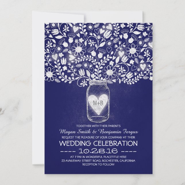 Mason jar flowers royal blue wedding invites (Front)