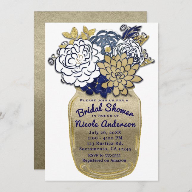 Mason Jar Flowers Rustic Blue Gold Floral Bridal Invitation (Front/Back)