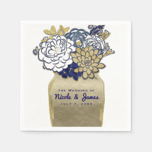 Mason Jar Flowers Rustic Blue Gold Floral Bridal Napkin