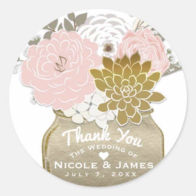 Mason Jar Flowers Rustic Floral Pink & Gold Chic Classic Round Sticker (Front)