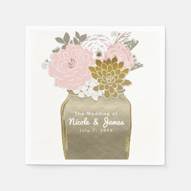 Mason Jar Flowers Rustic Floral Pink & Gold Chic Napkin (Front)