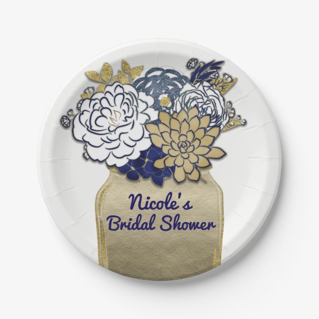 Mason Jar Flowers Rustic Floral Pink & Gold Chic Paper Plate (Front)