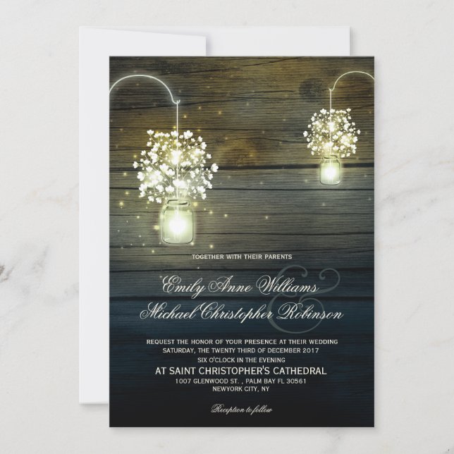 Mason Jar glowing Lights floral rustic wedding Invitation (Front)