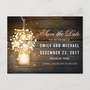 Mason Jar glowing Lights floral save the date Announcement Postcard