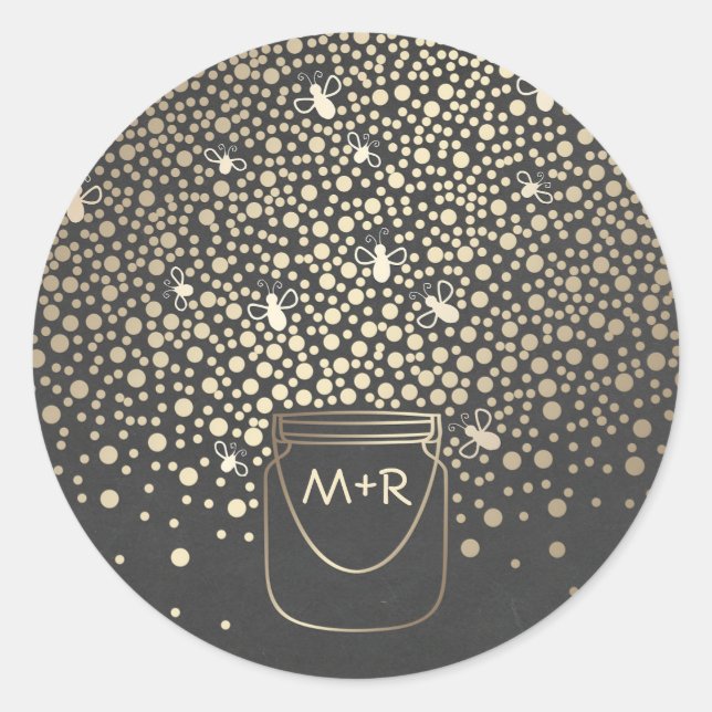 Mason Jar Gold Fireflies Rustic Chalkboard Wedding Classic Round Sticker (Front)