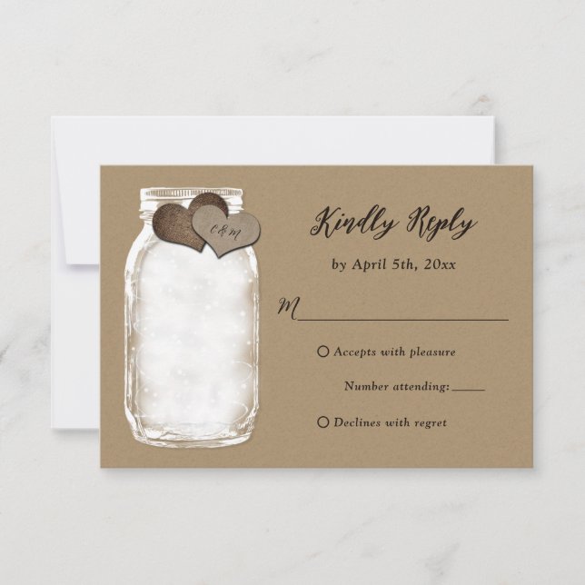 Mason Jar Hearts Lights Kraft Wedding RSVP Card (Front)