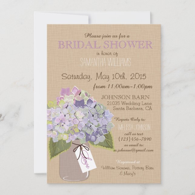 Mason Jar Hydrangea Rustic Bridal Shower Invitation (Front)