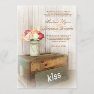 Mason Jar Kiss Wood Rustic Country Wedding Invites