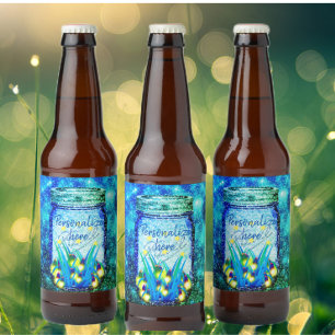 Mason jar lightning bug glowing firefly blue  wine label
