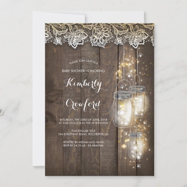Mason Jar Lights and Lace Rustic Baby Shower Invitation (Front)