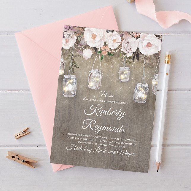 Mason Jar Lights Floral Rustic Bridal Shower Invitation (Creator Uploaded)