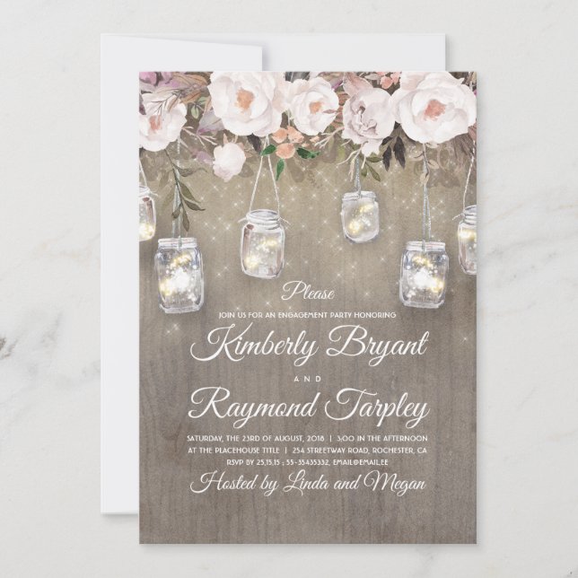 Mason Jar Lights Floral Rustic Engagement Party Invitation (Front)