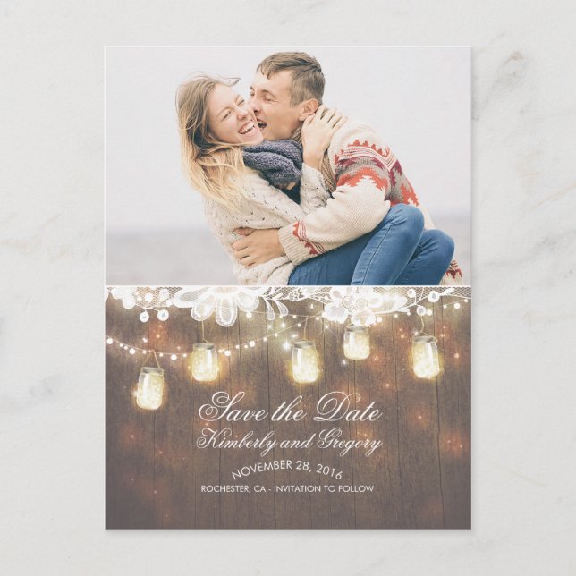 Mason Jar Lights Lace Rustic Photo Save the Date Announcement Postcard (Front)