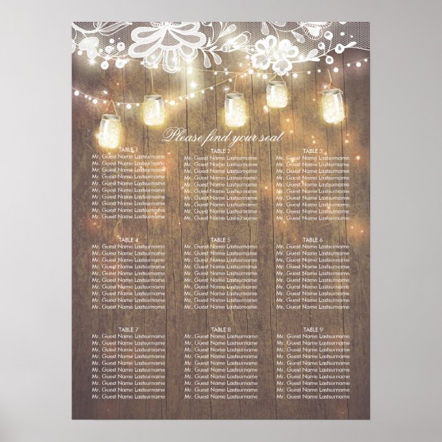 Mason Jar Lights Lace Wood Wedding Seating Chart (Front)