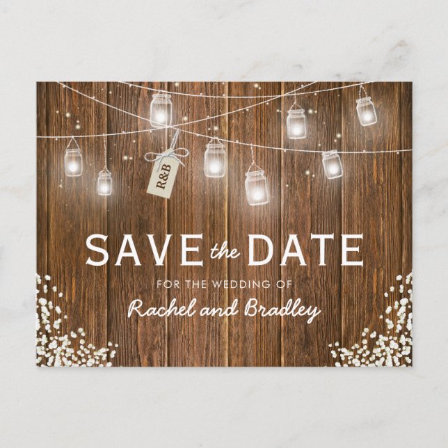 Mason Jar Lights Rustic Babys Breath Save the Date Announcement Postcard (Front)