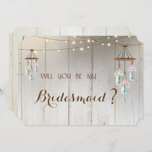 Mason Jar Lights Rustic,Wood   Bridesmaid Card (Front/Back)