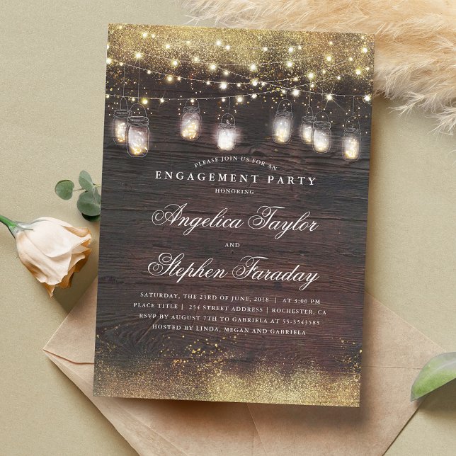Mason Jar Lights Rustic Wood Engagement Party Invitation (Creator Uploaded)