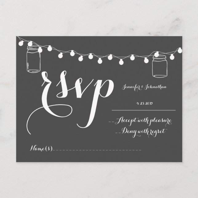 Mason jar lights wedding RSVP cards (Front)