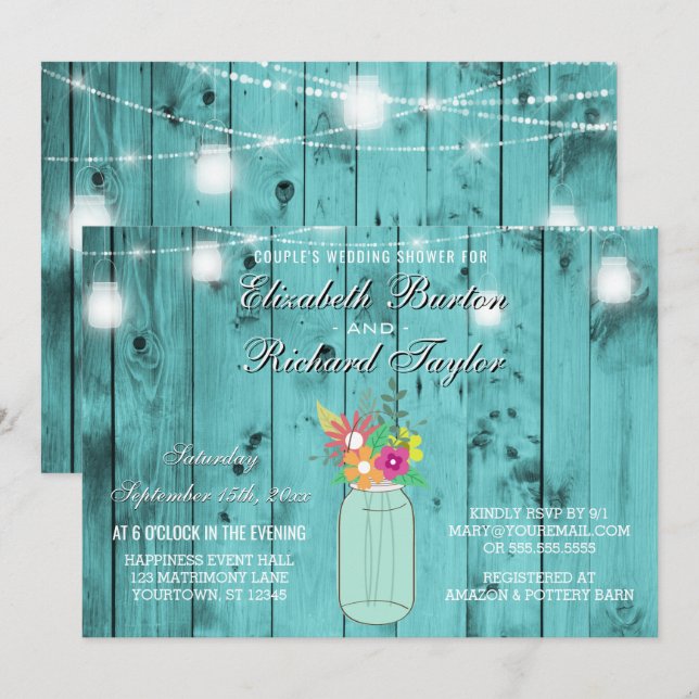 Mason Jar Lights Wood Couples Wedding Shower Invitation (Front/Back)
