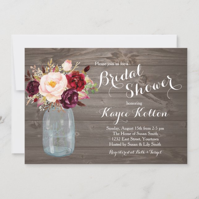 Mason Jar Marsala  Bridal Shower Invitation (Front)
