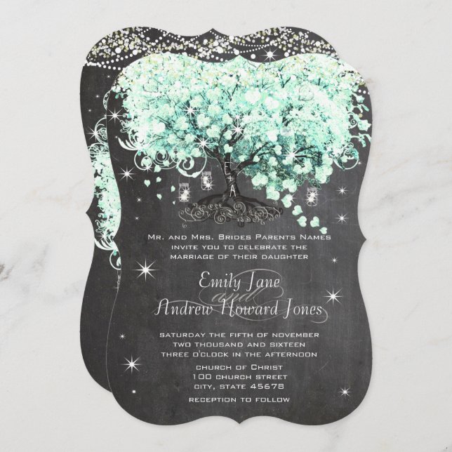 Mason Jar Mint Chalkboard Heart Leaf Tree Invitation (Front/Back)