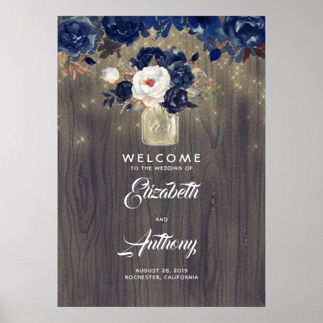 Mason Jar Navy Floral Wedding Welcome Sign (Front)