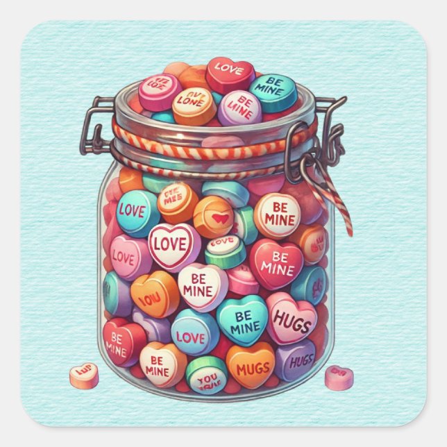 Mason Jar of Valentine Word Candy Square Sticker (Front)