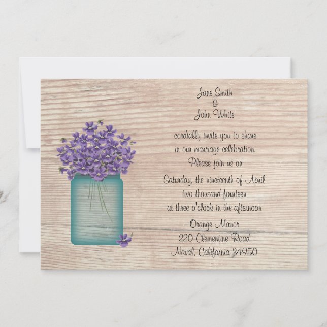 Mason Jar Of Violets Wedding Invitation (Front)