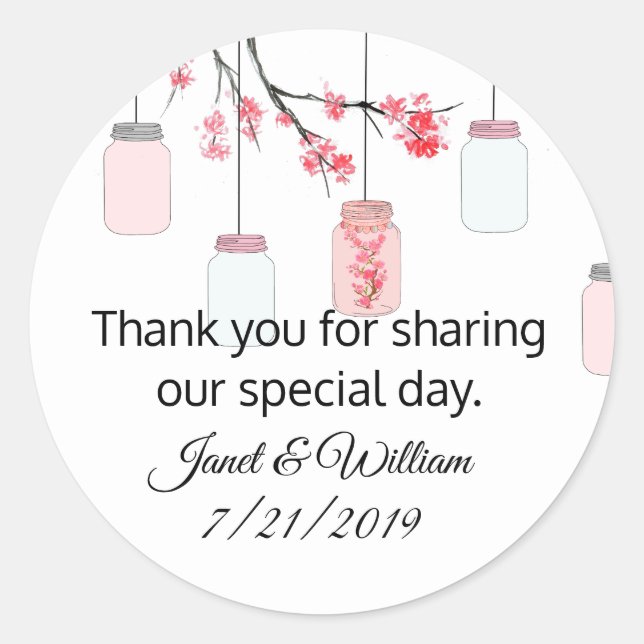 Mason Jar on Flowering Tree Wedding Favour Sticker (Front)