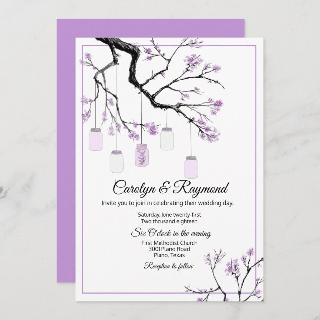 Mason Jar on Flowering Tree Wedding Invitation (Front/Back)