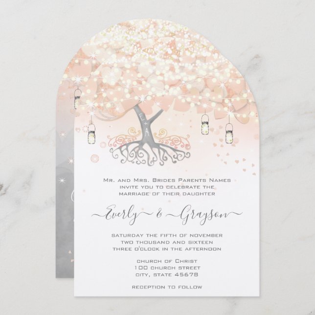 Mason Jar Peachy Pink Heart Leaf Tree  Wedding Invitation (Front/Back)