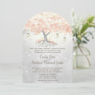Mason Jar Peachy Pink Heart Leaf Tree Wedding  Invitation