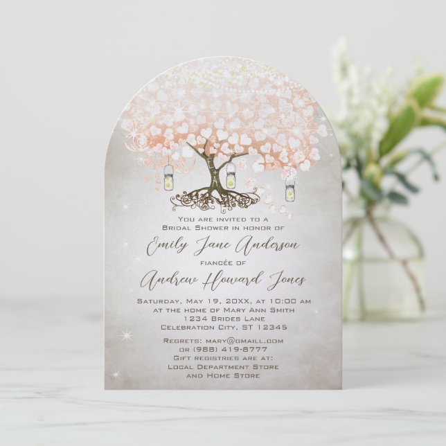 Mason Jar Peachy Pink Heart Leaf Tree Wedding Invitation (Standing Front)