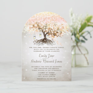 Mason Jar Peachy Pink Heart Leaf Tree Wedding Invitation